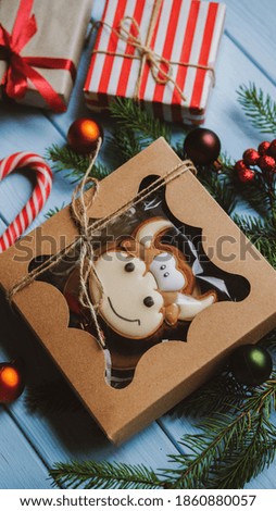2021 symbol cookies. Bull cookies in a box. A place for text. Decorated Christmas cookies. New year concept. 