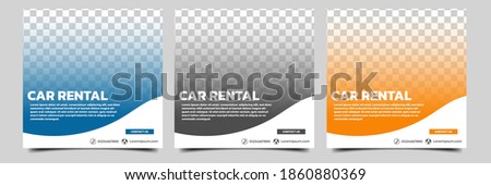 Set of editable square banner template. Car rental banner with black, orange and blue color background. Flat design vector with photo collage. Usable for social media, story and web internet ads. Royalty-Free Stock Photo #1860880369