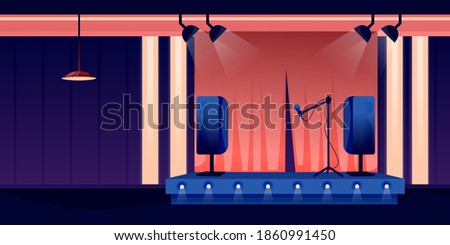 Night bar or pub background. Counter, stools, stage with microphone in spotlight. Horizontal panorama vector illustration. Modern interior design.