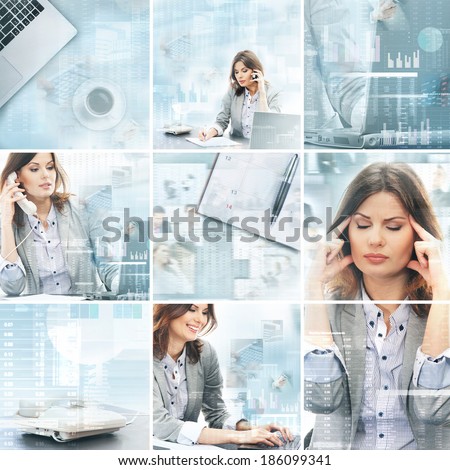 Businesswoman working in office over the modern abstract background. Collage made of different pictures.