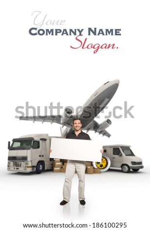  A man holding a blank message board with piles of packages, truck, chronometer,  van and airplane on the background