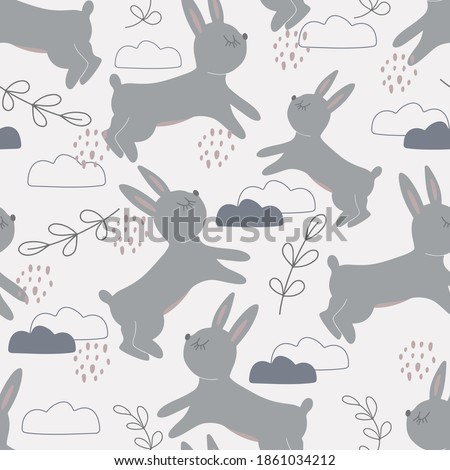 Seamless pattern with cute rabbits among the clouds. Decorative wallpaper for the nursery in the Scandinavian style. Vector. Suitable for children's clothing, interior design, packaging, printing.