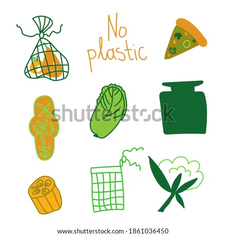 Set of ecological illustrations in green,orange.A collection for saving the planet for our children.Clip art with glass,cotton,cabbage,pizza,gasket,sponge,bag in doodle style.Design for web.