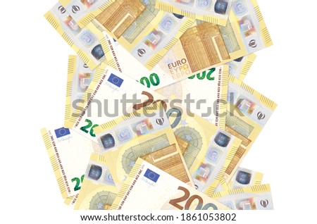 200 euro bills flying down isolated on white. Many banknotes falling with white copy space on left and right side