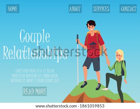 Couple relationships website banner interface with man and woman climbing in mountains together, flat vector illustration. Loving couple bonding their relationships.