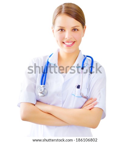 Portrait of a happy female doctor isolated on white background