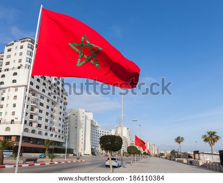 National flags stand along avenue Mohammed VI in new part of Tangier city, Morocco Royalty-Free Stock Photo #186110384
