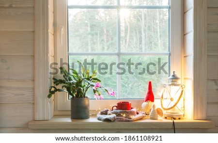 Christmas lantern, Angel, Christmas gnome, Christmas Cactus and red mug on the window of a wooden house overlooking the winter garden. Royalty-Free Stock Photo #1861108921