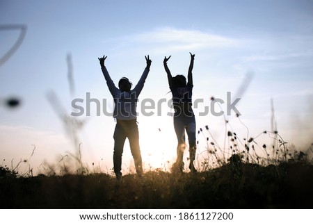 Freedom couple living a free happy life at mountain. Royalty-Free Stock Photo #1861127200