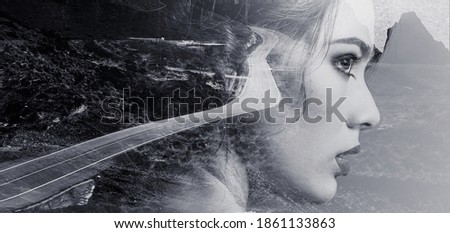 Double Multiple exposure image. Portrait woman beautiful side profile view face combined with winding mountain road, rocky coastline. Black and white toned creative photography