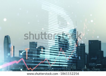 Double exposure of creative Bitcoin symbol hologram on Los Angeles office buildings background. Mining and blockchain concept