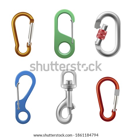 Carabineer bright set, quick link oval collection. Chain connector, locking carabineer clip for outdoor activity, camping. Vector realistic style illustration on white background