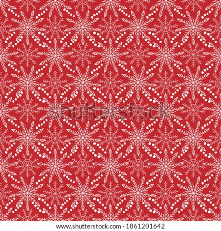 White snowflakes on red background, Merry Christmas seamless pattern, abstract winter backgroundin ethnic style