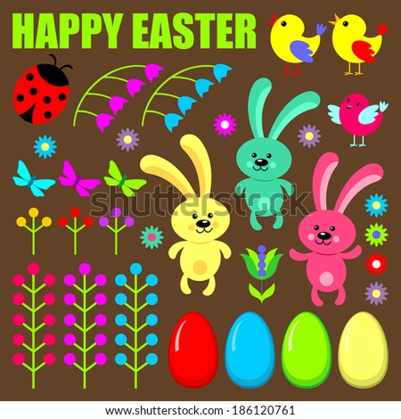 Set of easter eggs,animals and flowers. vector