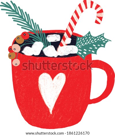 Red cup of hot drink Cofee Coccoa Tea Black Cocktail, Christmas New Year Symbols set Hand drawn Retro Folk Art. Scandinavian Clip Art Digital Elements DIY Invitation Cards Digital Art