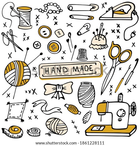 Set of hand-drawn craft supplies and tools. Doodle design elements isolated on white background. Vector illustration