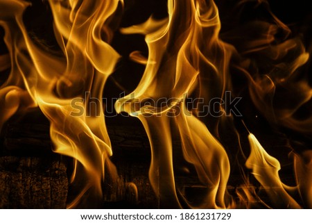 There is a fire in the fireplace. Burning glowing wood with orange and red flames. background texture.
