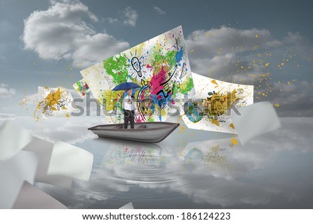 Composite image of happy businessman holding umbrella in a sailboat in peaceful water and sky
