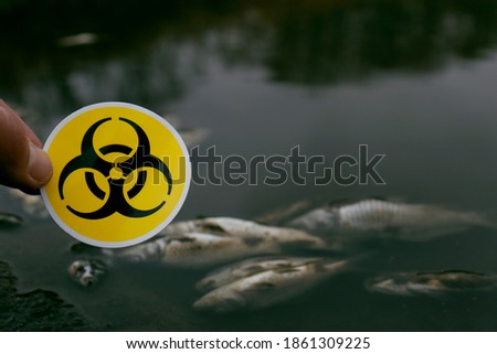 dead fish in a river with a biohazard sign