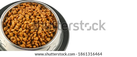 Bowl with dry food for dog or cat isolated on white background.Wide photo. Free space for text.