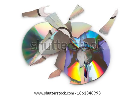 Broken CD or DVD disk isolated on white background. Disc top view.