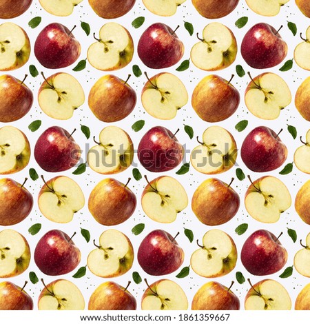 Seamless pattern of red apples, pieces of fruit on a white background. The texture of the food. Healthy food concept