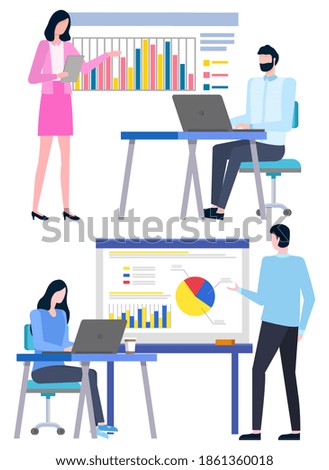 Manager and employee discussing graph report, people communication with laptop. Man and woman workers using computer, professional cooperation vector