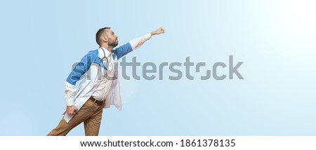doctor superhero flying and fighting disease isolated on blue background