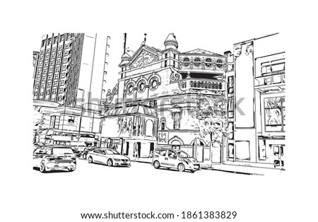 Building view with landmark of Belfast is the 
capital of Northern Ireland. Hand drawn sketch illustration in vector.