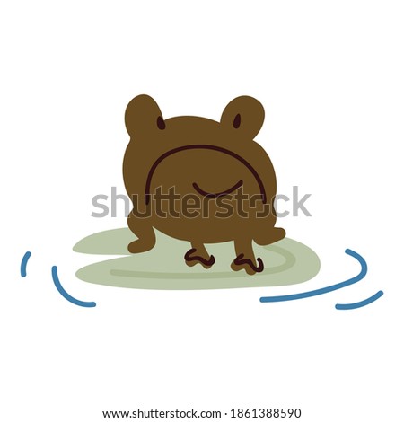 Cute cartoon frog on pond lily pad lineart vector illustration. Simple amphibian sticker clipart. Kids lake wildlife hand drawn kawaii aquatic toad. 