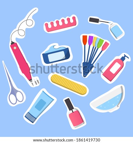 Set of manicure-pedicure tools isolated on blue background. Nail polish, scissors, manicure equipment. Can be used for beauty salon decoration and designand advert. Flat cartoon vector illustration