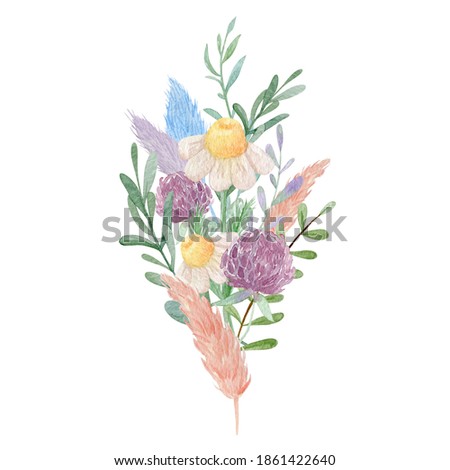 Daisy and clover floral bouquet watercolor illustration. Watercolor botanical composition isolated on white background. Wedding invitation design.