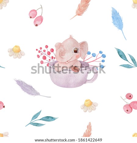 Cute baby elephant sitting in cup watercolor illustration. Children illustration character. Nursery poster theme. Hand painted pink elephant isolated on white background.