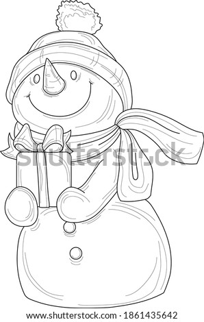 Cartoon snowman in hat and scarf with present box sketch template. Christmas vector illustration in black and white for games, background, pattern, decor. Coloring paper, page, story book