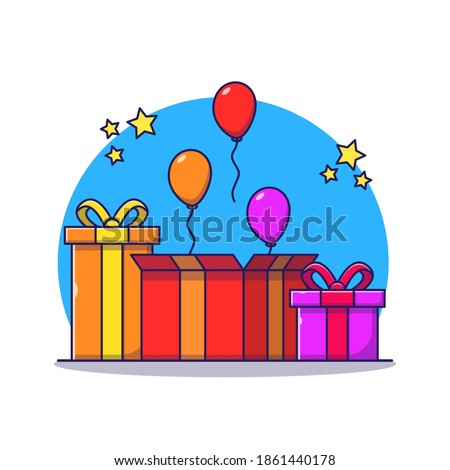 Opened surprise gift box and balloons. flat style cartoon icon illustration. A celebration prize for achievement, anniversary or birthday.