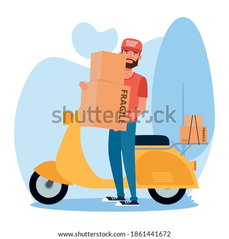 Yellow small motorcycle and man delivery fast icon- Vector