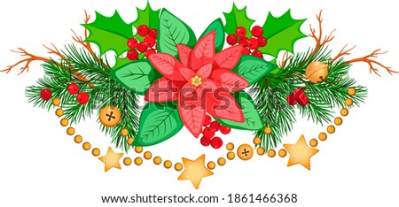 Christmas composition with poinsettia, fir branches, with holly, branches, berries and golden garland. Merry Christmas Clip Art. Poinsettia floral composition. Winter border.
