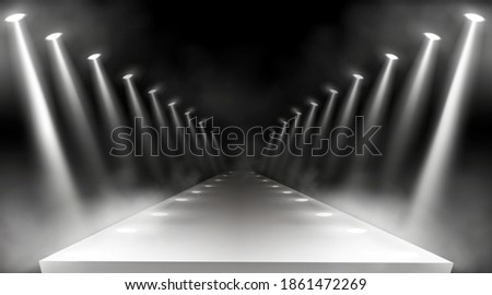 Spotlights background, glowing stage lights, white beams for red carpet award or gala concert. Empty illuminated way for presentation, runway with lamp rays with smoke for show, Realistic 3d vector
