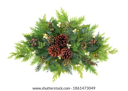 Winter and Christmas greenery floral decorative arrangement with cedar cypress fir leaves, mistletoe, pine cones and ivy on white background. Festive composition for xmas and New Year.
