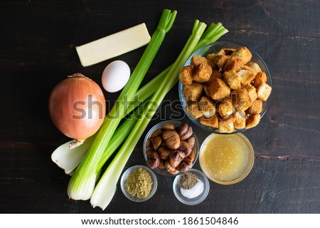 Old Fashioned Chestnut Dressing Ingredients: Croutons, chestnuts, vegetables, and other ingredients to make a traditional Christmas side dish