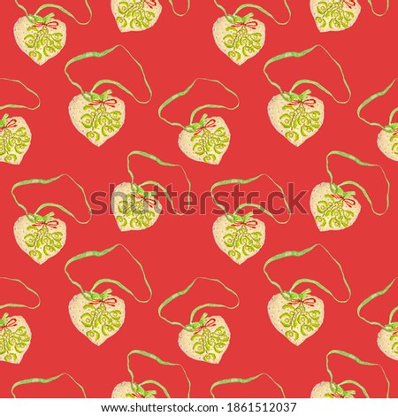 red seamless christmas pattern from soft Christmas tree decoration embroidered in the shape of a heart, Print for paper, fabric, wallpaper
