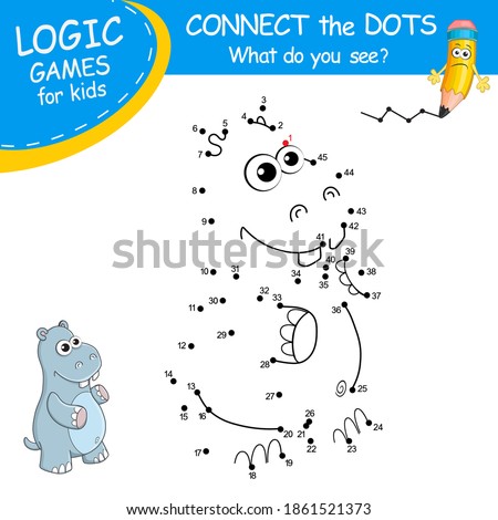 Connect the dots by numbers to draw the Hippo. Dot to dot Education Game and Coloring Page with cartoon cute Hippo character. Logic Games with answer. Education card for kids learning counting number.