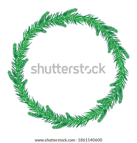Thin green christmas fir wreath isolated on white background. Christmas wreath without decoration. Round frame of pine branches. Frame for flyer, cover, presentation, brochure, banner, poster. Vector