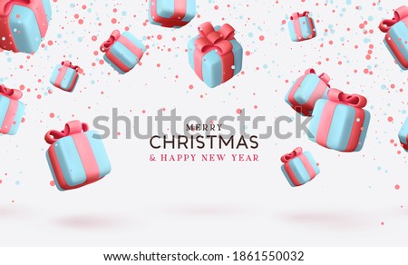 Merry Christmas and Happy New Year. Background with realistic festive gifts box. Xmas present. Blue boxes fall effect. Holiday gift surprise banner, web poster, flyer, stylish brochure, greeting card Royalty-Free Stock Photo #1861550032
