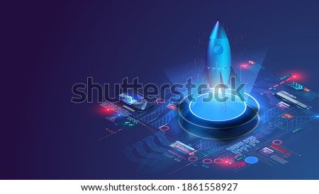 Futuristic rocket takes off, on a blue background with dashboard chart and graphs. Startup concept in isometric. Business Start up launching product with rocket concept. Template and Background. Royalty-Free Stock Photo #1861558927
