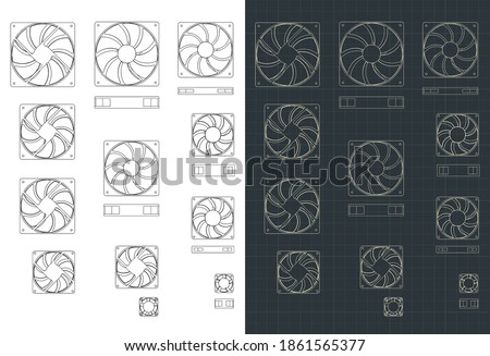 Stylized vector illustrations of drawings of computer fans of different sizes and types