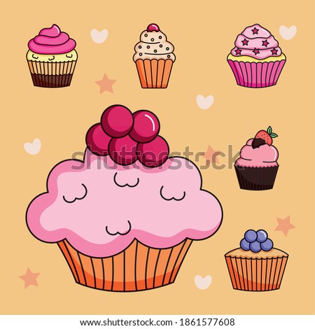 pink cupcakes icon set over orange background, colorful design, vector illustration