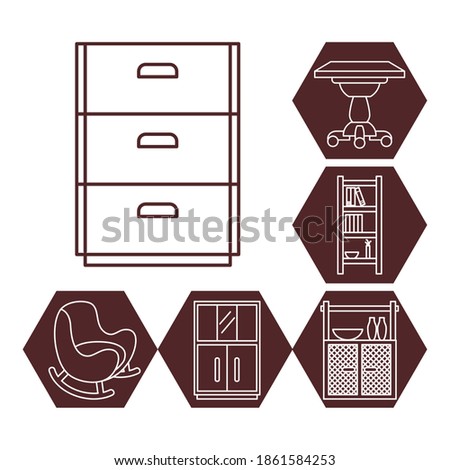 book cabinet and furniture icon set over white background, line style, vector illustration