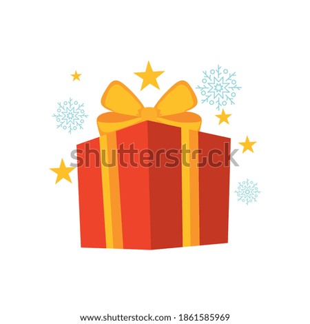 red gift box with snowflakes and stars around over white background, colorful design, vector illustration