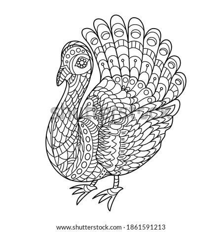 Turkey bird coloring pages for children. Thanksgiving day. Creative cute bird for coloring book design. Black and white vector illustration.